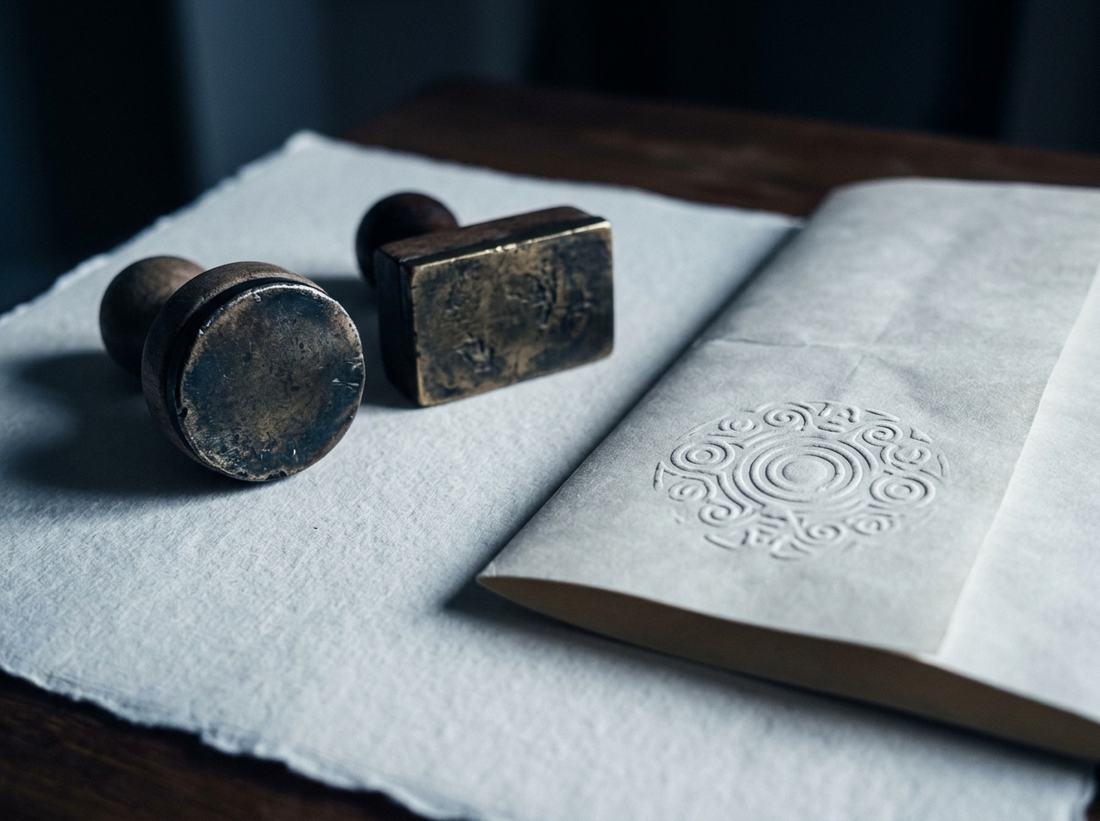 A company chop and seal resting on heavy cream paper beside an embossed document